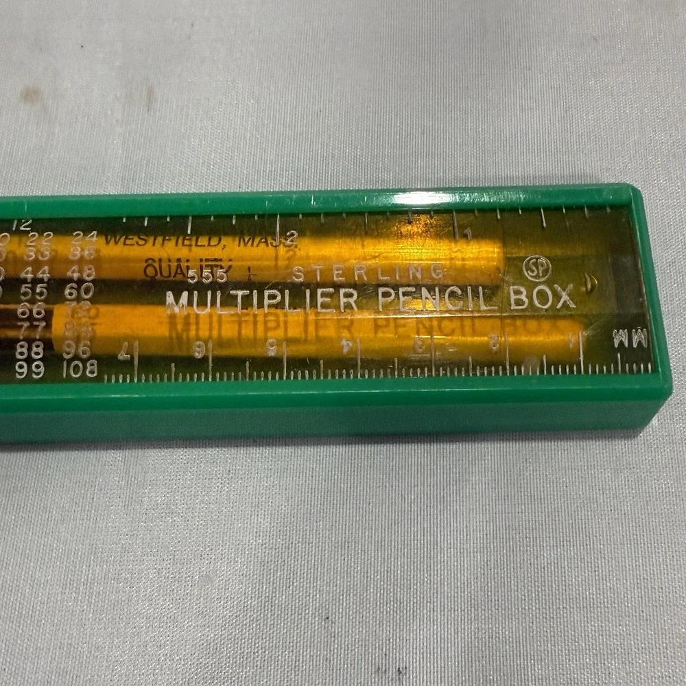 Vintage Sterling Multiplier Pencil Box Green Slider Math Ruler Sharpener 1970s